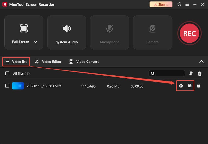 MiniTool Screen Recorder interface with the Play icon and the Folder icon selected under the Video list tab.