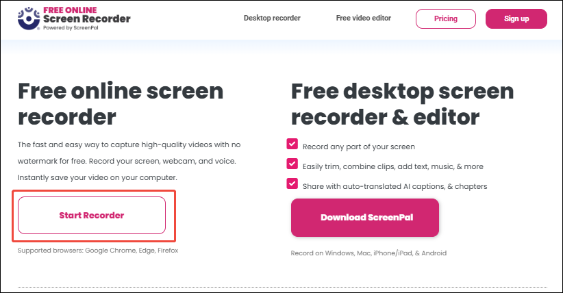 Free Online Screen Recorder interface with the Start Recorder option selected.