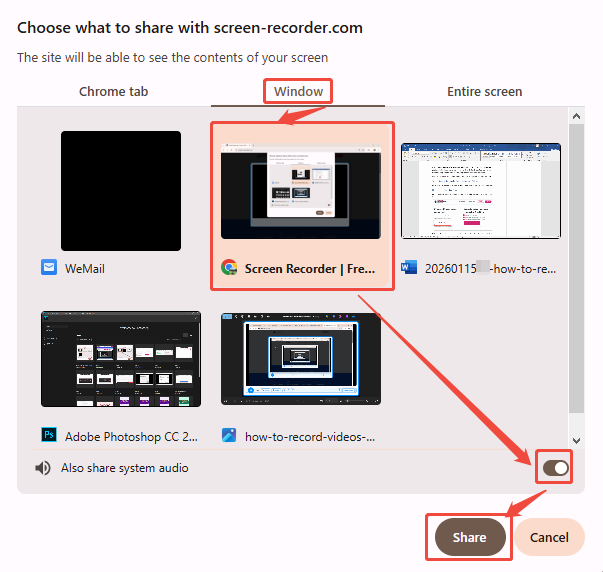 Free Online Screen Recorder recording type window showing how to set a recording type.