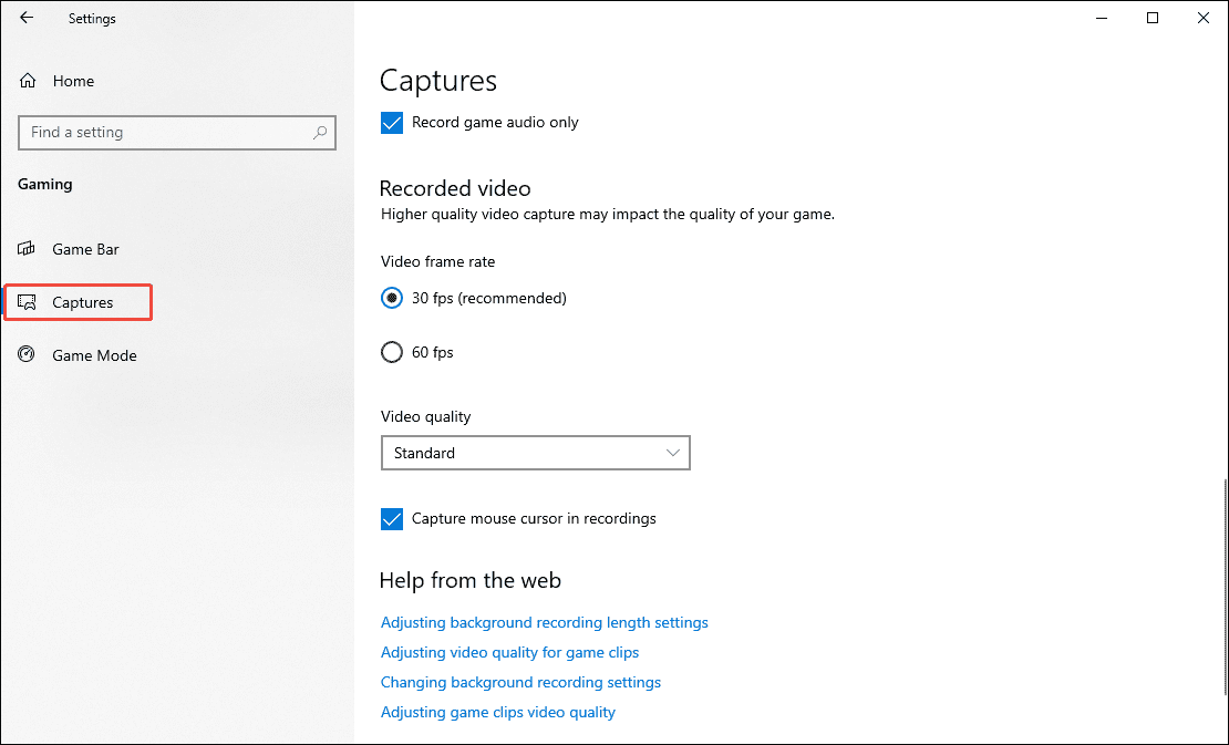 Gaming Settings section of Windows Settings with the Captures option selected.