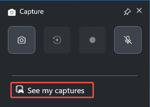 The Capture panel of Xbox Game Bar with the See my captures option selected.