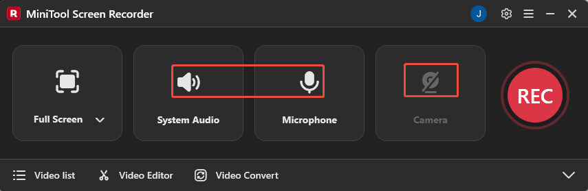 MiniTool Screen Recorder with the System Audio icon and the Microphone icon and the Camera icon selected.