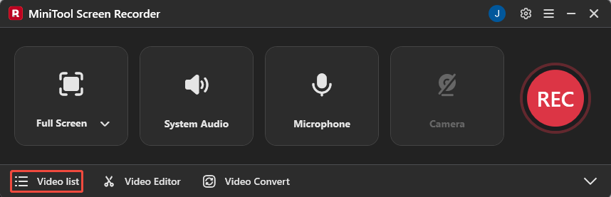MiniTool Screen Recorder interface with the Video list option selected.