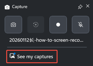 Xbox Game Bar interface with the See my captures option selected to view the recording.