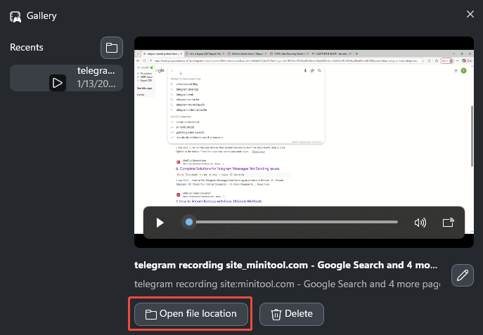 Xbox Game Bar interface with the Open file location button selected to locate the recorded video.