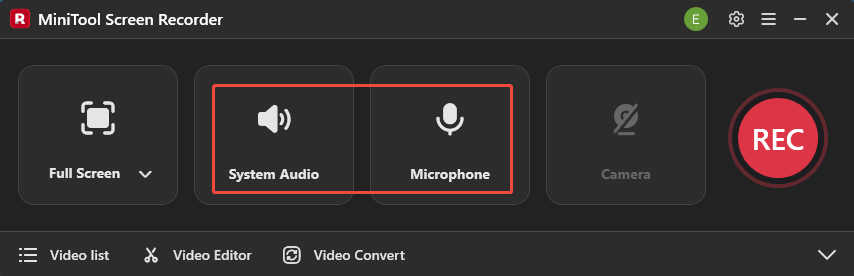 MiniTool Screen Recorder interface with the System Audio icon and the Microphone icon selected.