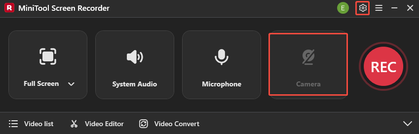 MiniTool Screen Recorder interface with the Camera and Settings icons selected.