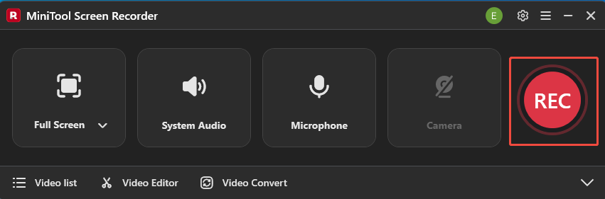MiniTool Screen Recorder interface with the REC button selected to start the recording process.