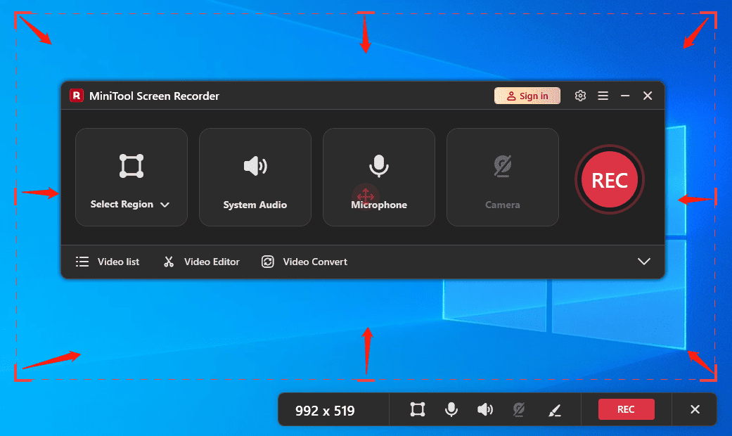MiniTool Screen Recorder interface showing how to select the recording area.