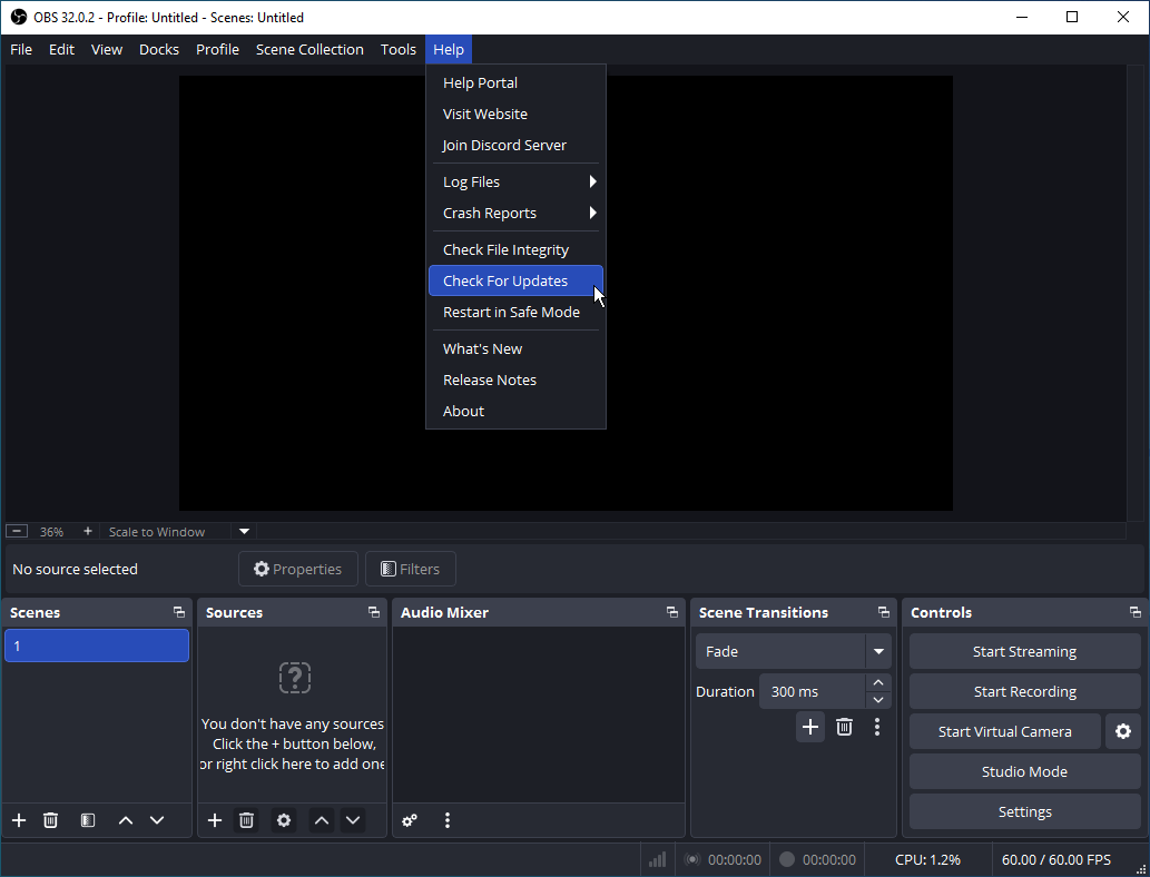 The Check For Updates option selected from the Help dropdown at the top of the OBS Studio interface.