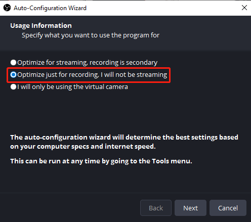 The highlighted Optimize just for recording I will not be streaming option in OBS Auto-Config Wizard.