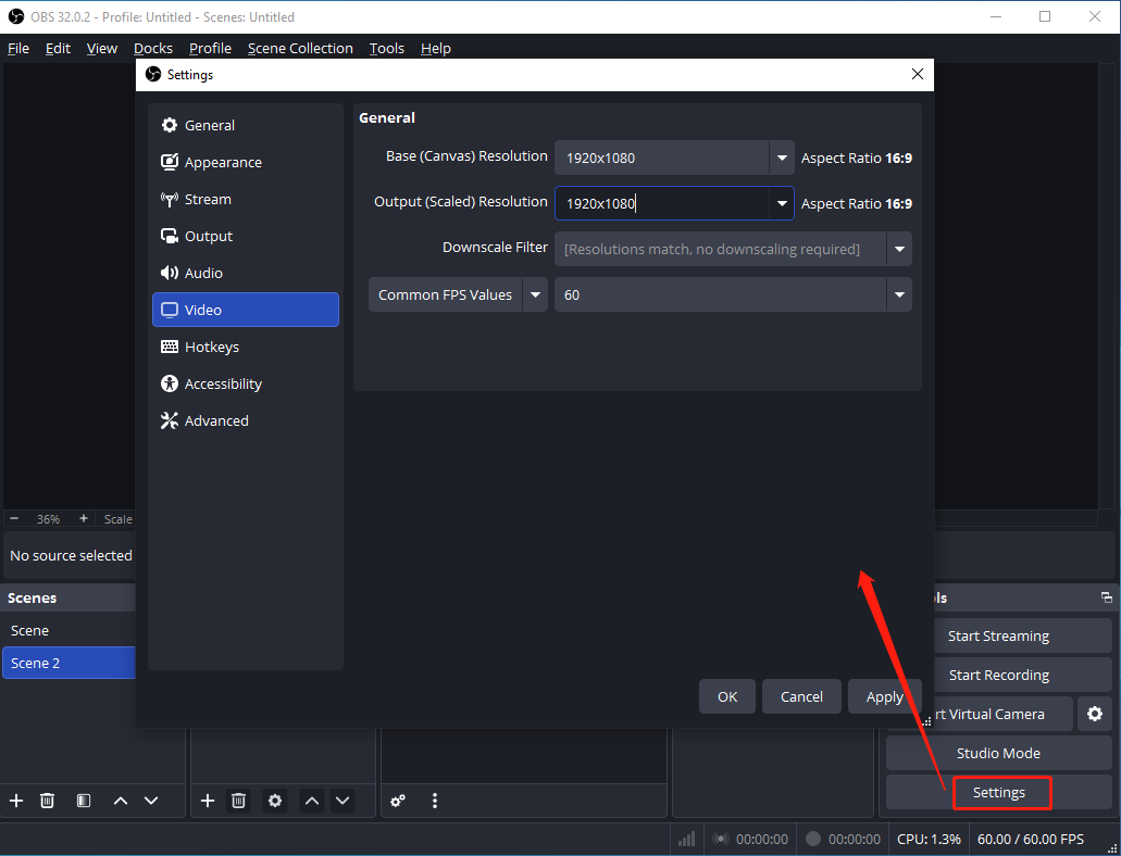 OBS interface showing how to go to Video Settings.