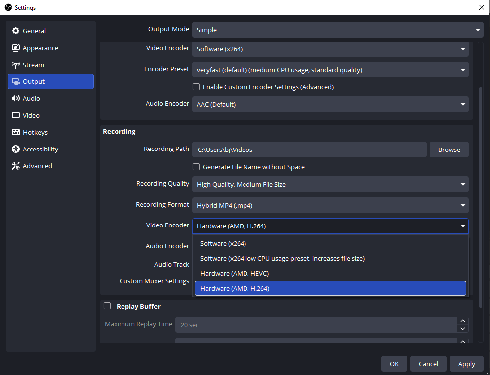The output settings under the Simple mode for recording in OBS.