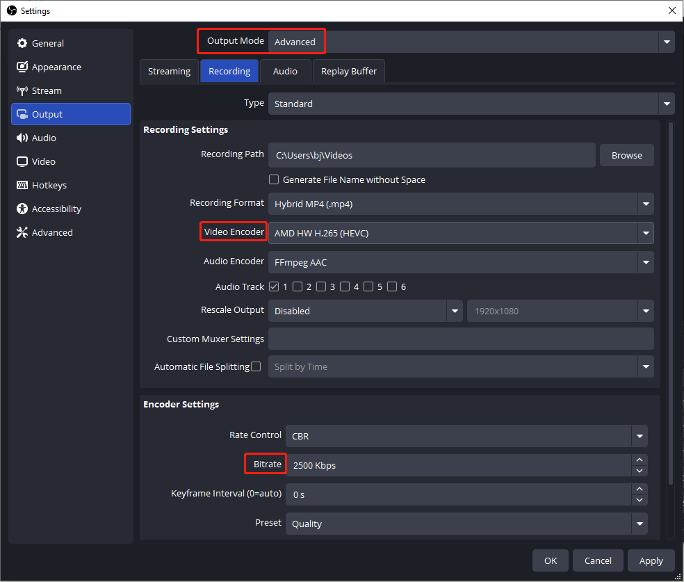 An example OBS recording settings in the Advanced output mode and the Standard type.