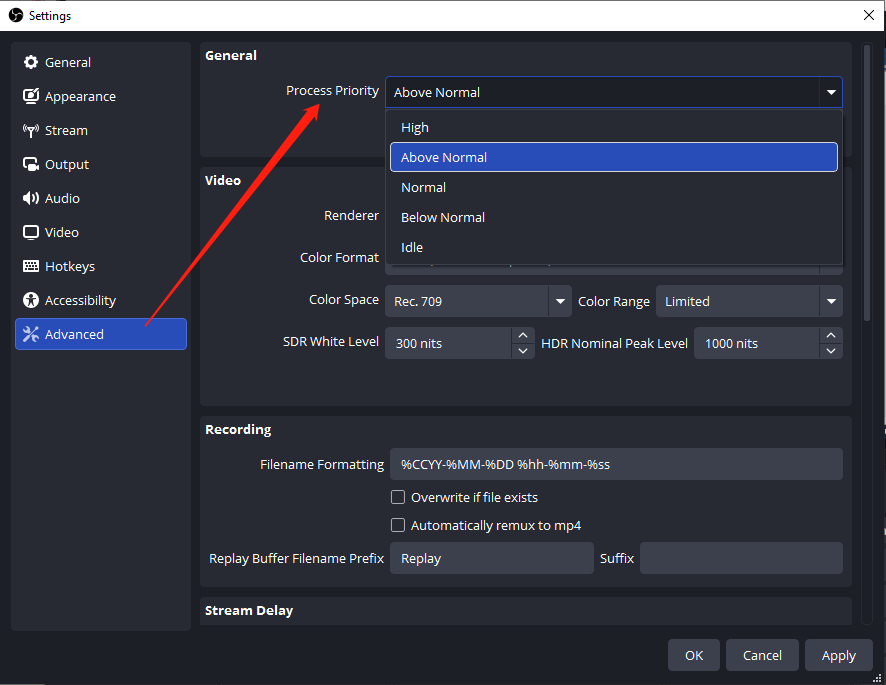 OBS Settings window showing how to change process priority.
