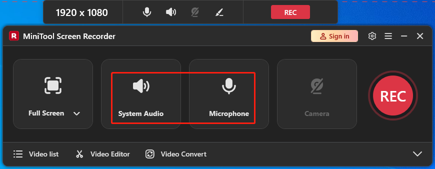 MiniTool Screen Recorder interface with the highlighted System Audio and Microphone options.
