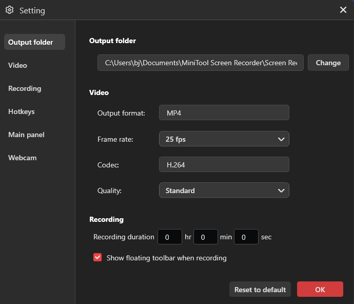 The Settings window of MiniTool Screen Recorder