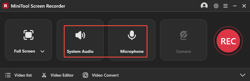 MiniTool Screen Recorder interface with the System Audio icon and the Microphone icon selected.
