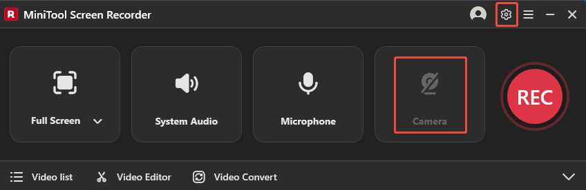 MiniTool Screen Recorder interface with the Camera and Settings icons selected.