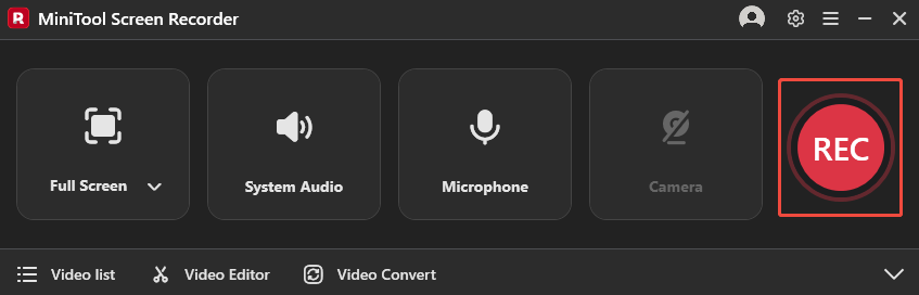 MiniTool Screen Recorder interface with the REC button selected to begin the recording process.