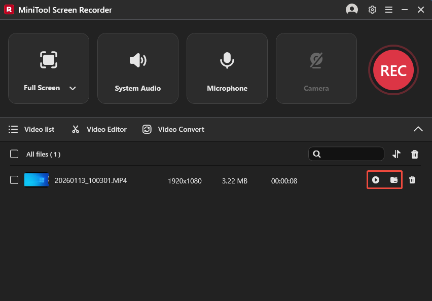 MiniTool Screen Recorder interface with the Play and Folder icons selected to view and locate the recording.