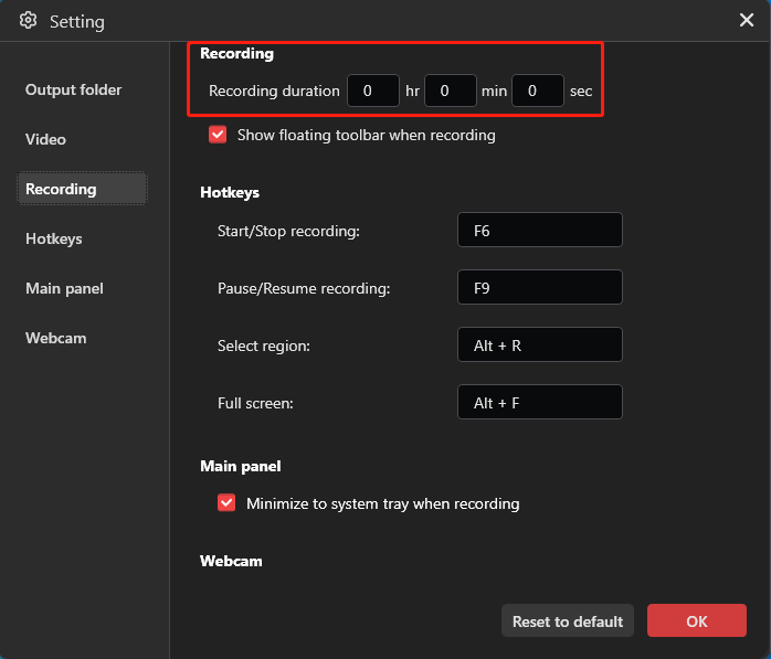MiniTool Screen Recorder Settings window with the highlighted Recording duration option.