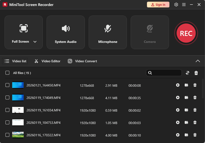 MiniTool Screen Recorder interface with the expanded Video list section.