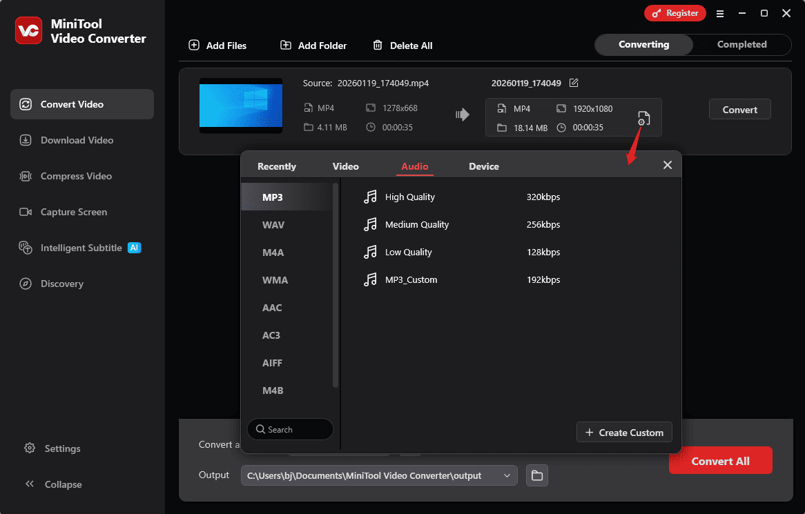 MiniTool Video Converter interface showing how to select an audio format for output.