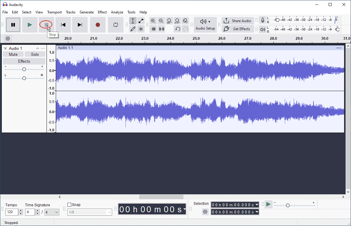 Audacity interface with the selected Stop icon at the top and an audio track below it.