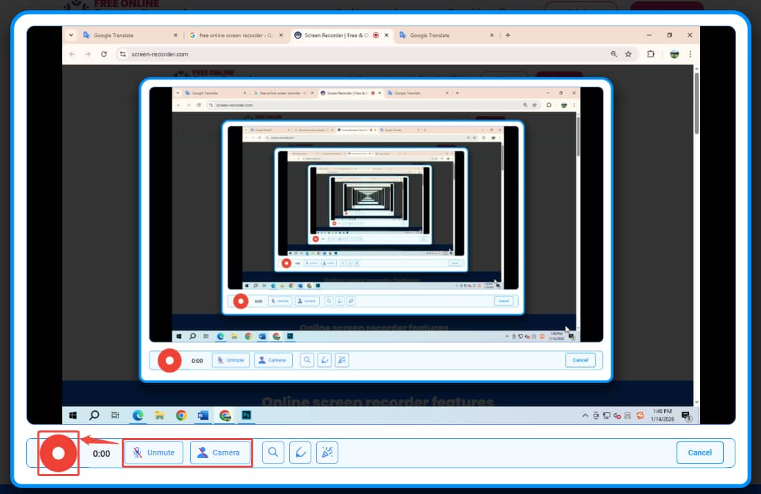 Free Online Screen Recorder interface with the Microphone option, the Camera option, and the red Record button selected.