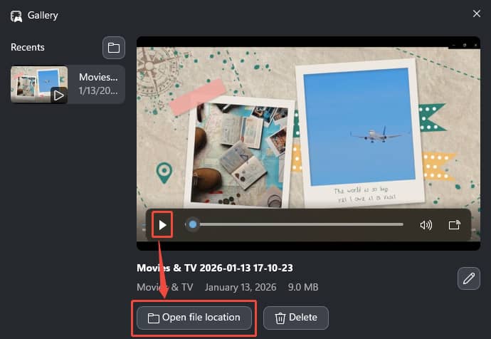 Xbox Game Bar Gallery window with the Play icon and the Open file location option selected.
