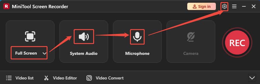 MiniTool Screen Recorder interface showing how to set full screen recording and audio.