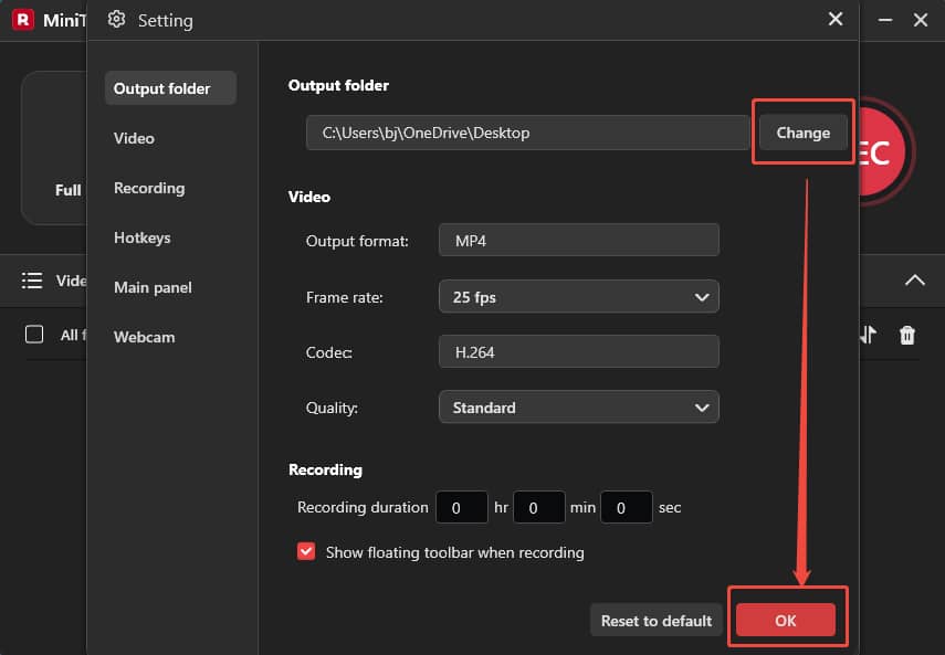 MiniTool Screen Recorder Settings window with the Change option and the OK button selected.