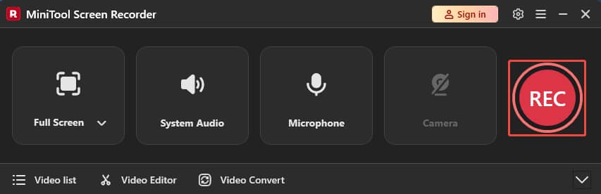 MiniTool Screen Recorder interface with the REC button selected.