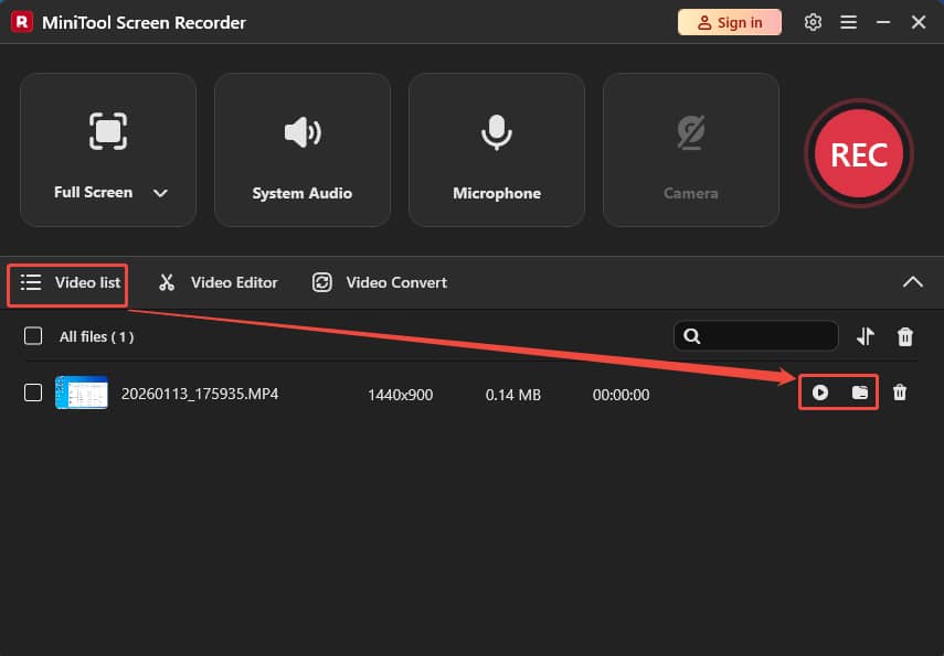 MiniTool Screen Recorder interface with Play icon and the Folder icon selected under the Video list.