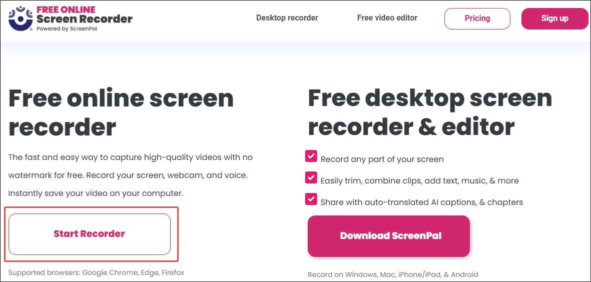 Free Online Screen Recorder interface with the Start Recorder option selected.