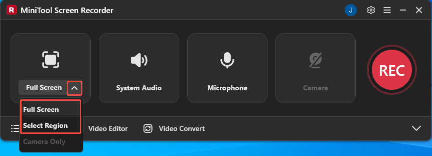 MiniTool Screen Recorder interface with the record selection option expanded.