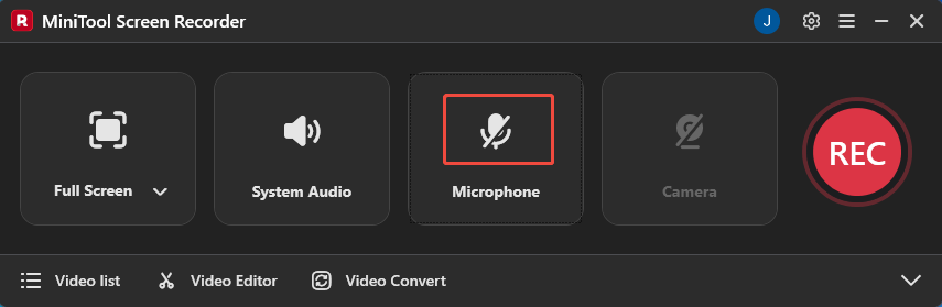 MiniTool Screen Recorder interface with the Microphone icon selected.
