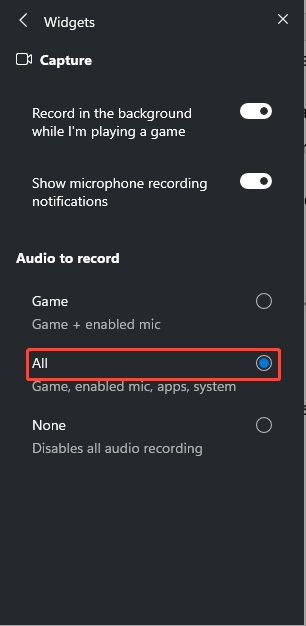 The Widgets interface of the Xbox Game Bar with the All option selected.