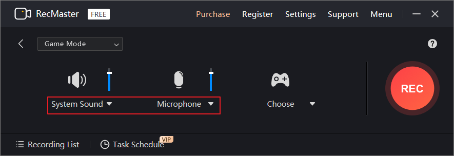 RecMasterの「Game Mode」画面で「System Sound」と「Microphone」アイコンが強調表示されている様子