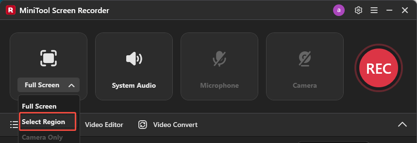 MiniTool Screen Recorder interface highlighting the Select Region option from the Full Screen option.