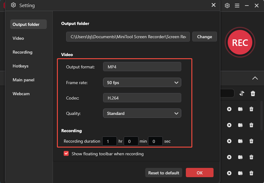 MiniTool Screen Recorder settings window with example settings for recording live streams.