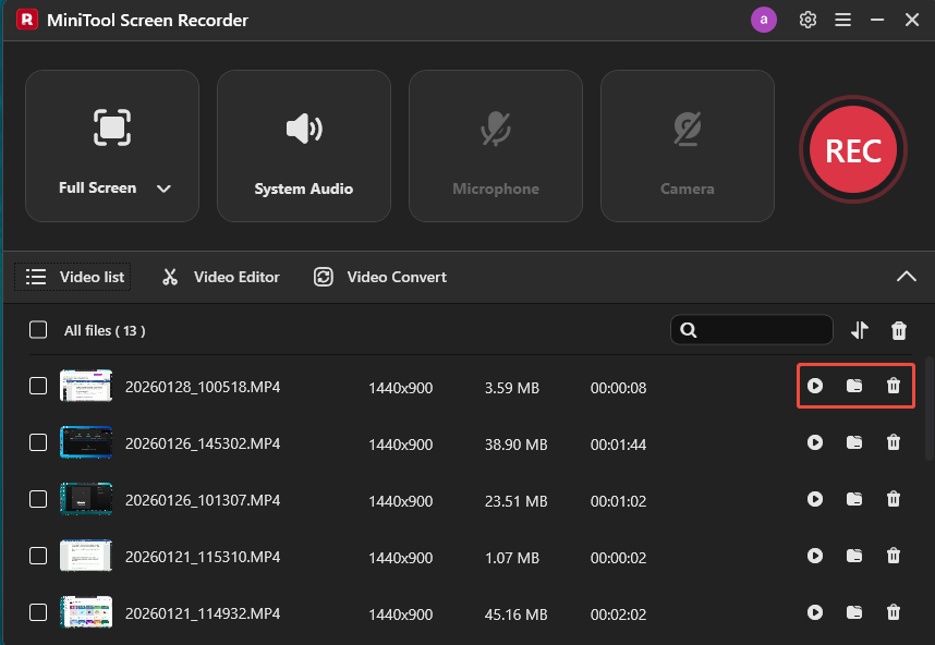 MiniTool Screen Recorder interface with the selected Play, Folder, and Delete icons.