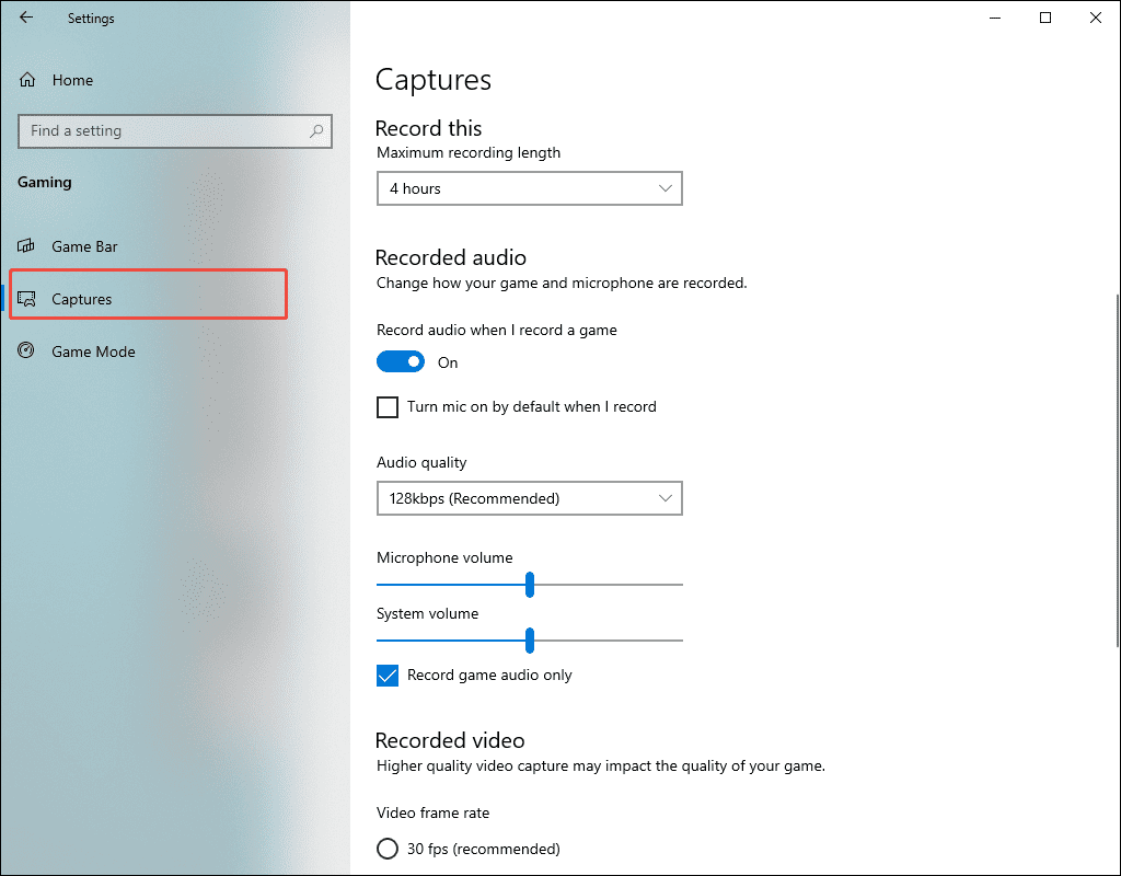 Windows Privacy page with example settings for recording live streams.
