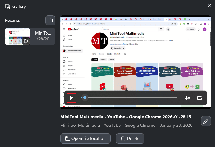 Xbox Game Bar Gallery window with the selected Play icon.