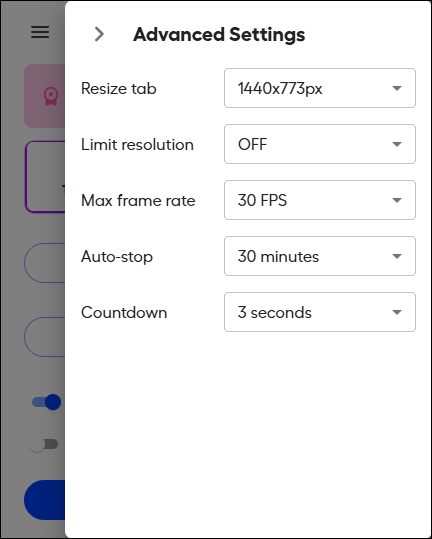 Screencastify settings window with example settings for recording live streams.