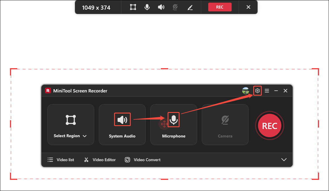MiniTool Screen Recorder interface with the System Audio icon, the Microphone icon, and the Gear icon selected.