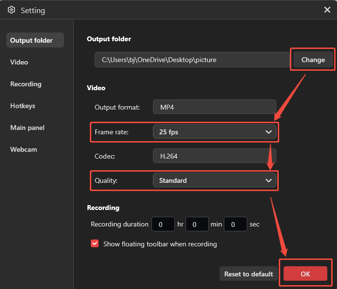MiniTool Screen Recorder Settings window showing how to set a save folder and advanced settings for the recorded video.