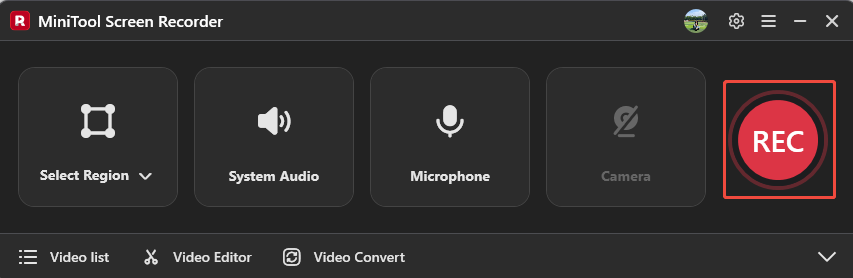 MiniTool Screen Recorder interface with the REC icon selected.