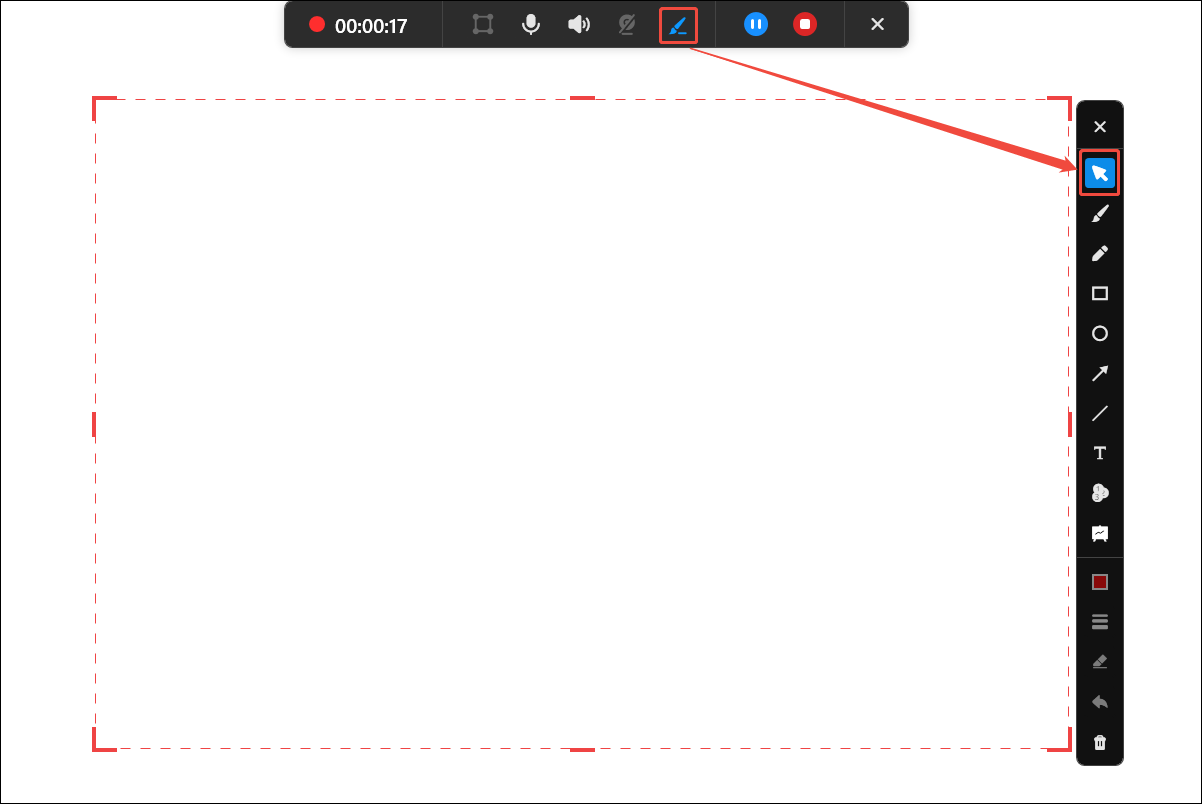 MiniTool Screen Recorder floating toolbar with the Brush icon and the Cursor option in the annotation toolbar selected.